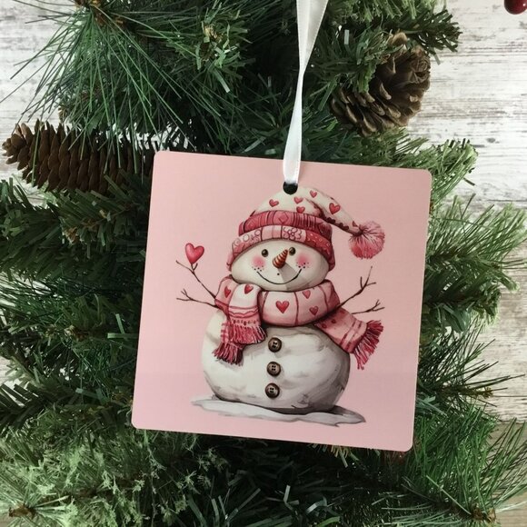 Snowman with Pink Hat & Heart Scarf 3.5" Square Wooden Ornament - Picture 3 of 5